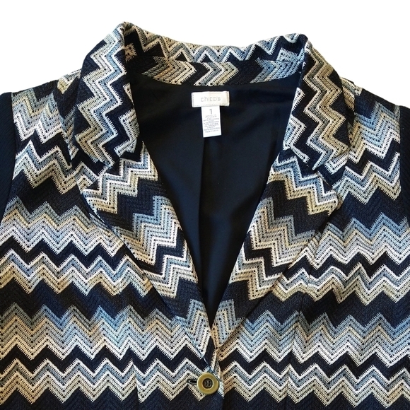 Chico's Black Chevron Zig Zag One Button Blazer Zip Pockets Mixed Media Modern - Picture 5 of 8